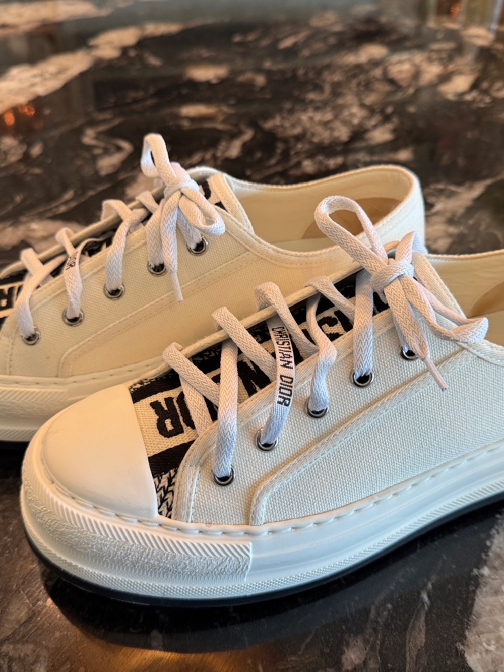 Dior Cream Canvas Low-Top Sneakers with Black Logo Tab